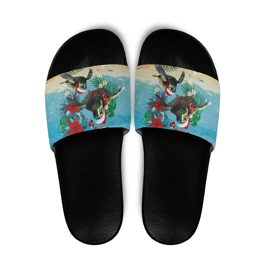 Hawaiian Mele Kalikimaka Slide Sandals Tropical Xmas Turtles Red Poinsettia Watercolor LT03 Multicolor - Polynesian Pride