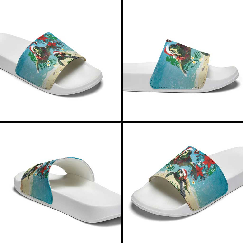 Hawaiian Mele Kalikimaka Slide Sandals Tropical Xmas Turtles Red Poinsettia Watercolor LT03 - Polynesian Pride