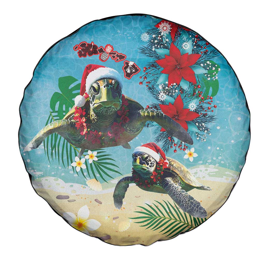 Hawaiian Mele Kalikimaka Spare Tire Cover Tropical Xmas Turtles Red Poinsettia Watercolor LT03 - Polynesian Pride