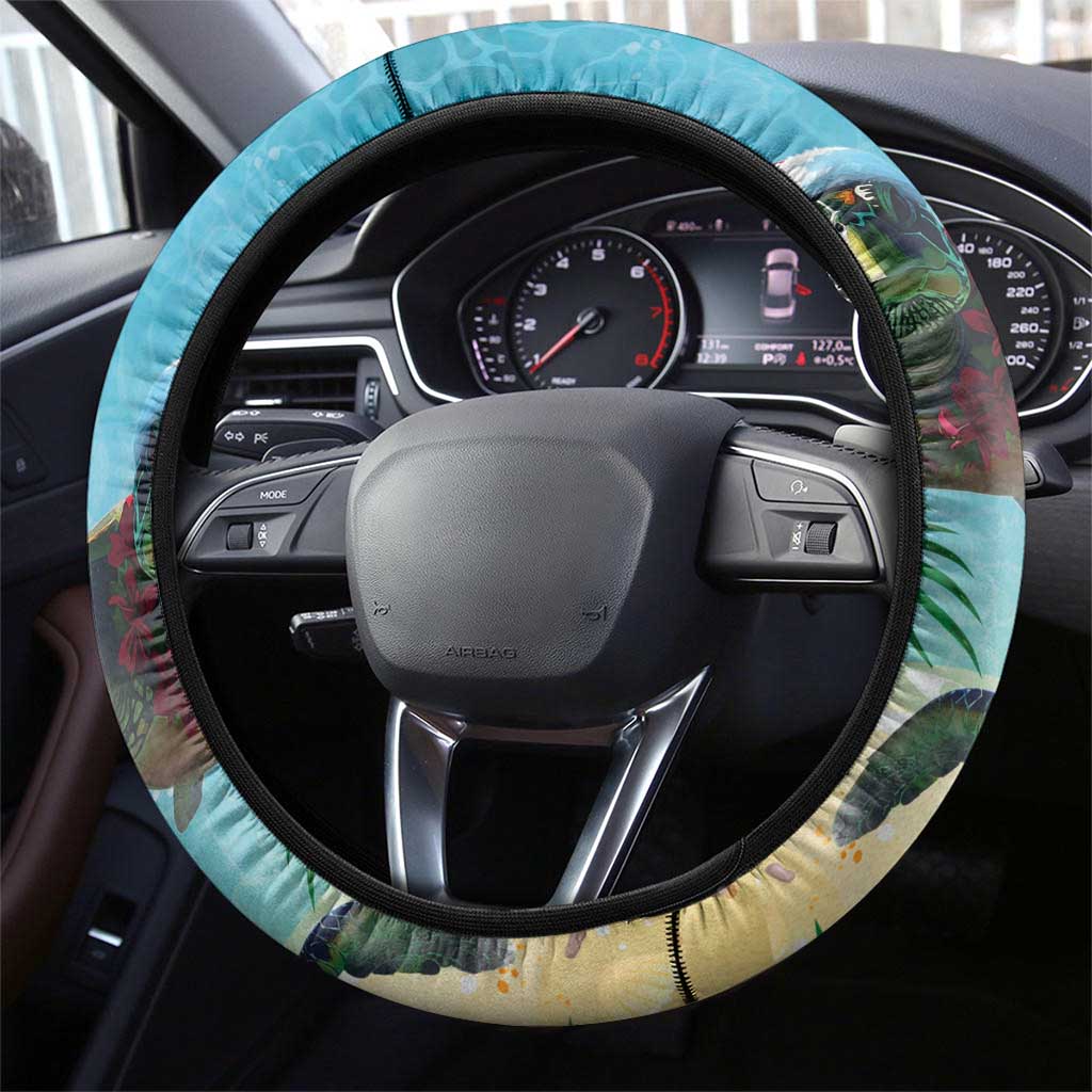 Hawaiian Mele Kalikimaka Steering Wheel Cover Tropical Xmas Turtles Red Poinsettia Watercolor LT03 - Polynesian Pride