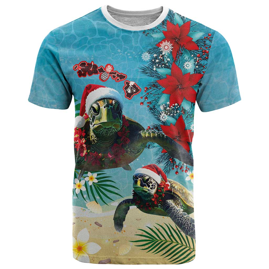 Hawaiian Mele Kalikimaka T Shirt Tropical Xmas Turtles Red Poinsettia Watercolor LT03 Multicolor - Polynesian Pride