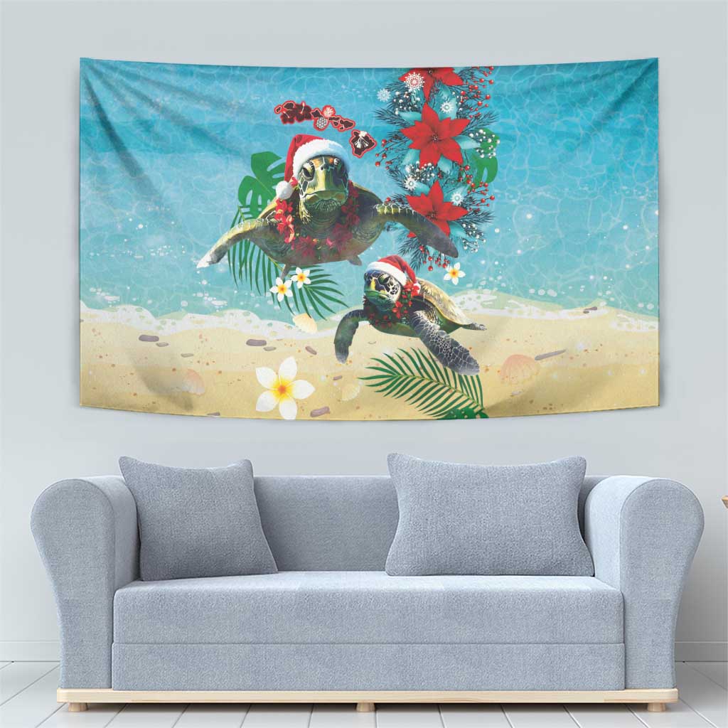 Hawaiian Mele Kalikimaka Tapestry Tropical Xmas Turtles Red Poinsettia Watercolor LT03 - Polynesian Pride