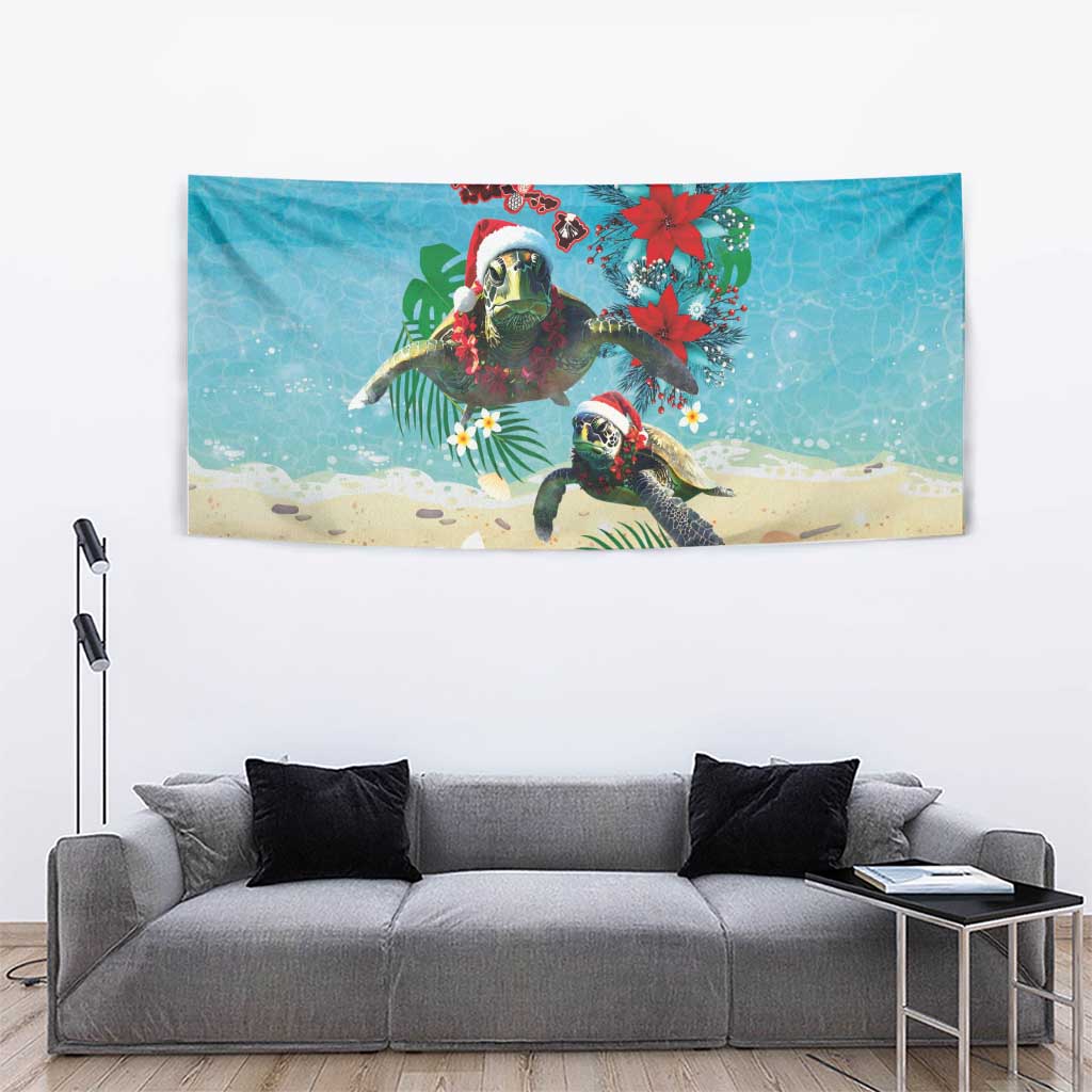 Hawaiian Mele Kalikimaka Tapestry Tropical Xmas Turtles Red Poinsettia Watercolor LT03 - Polynesian Pride