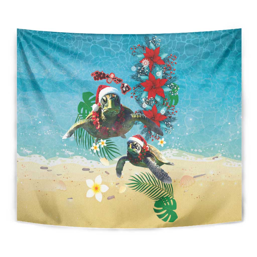 Hawaiian Mele Kalikimaka Tapestry Tropical Xmas Turtles Red Poinsettia Watercolor LT03 - Polynesian Pride