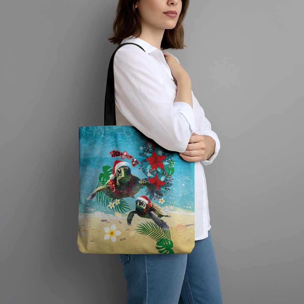 Hawaiian Mele Kalikimaka Tote Bag Tropical Xmas Turtles Red Poinsettia Watercolor LT03 - Polynesian Pride