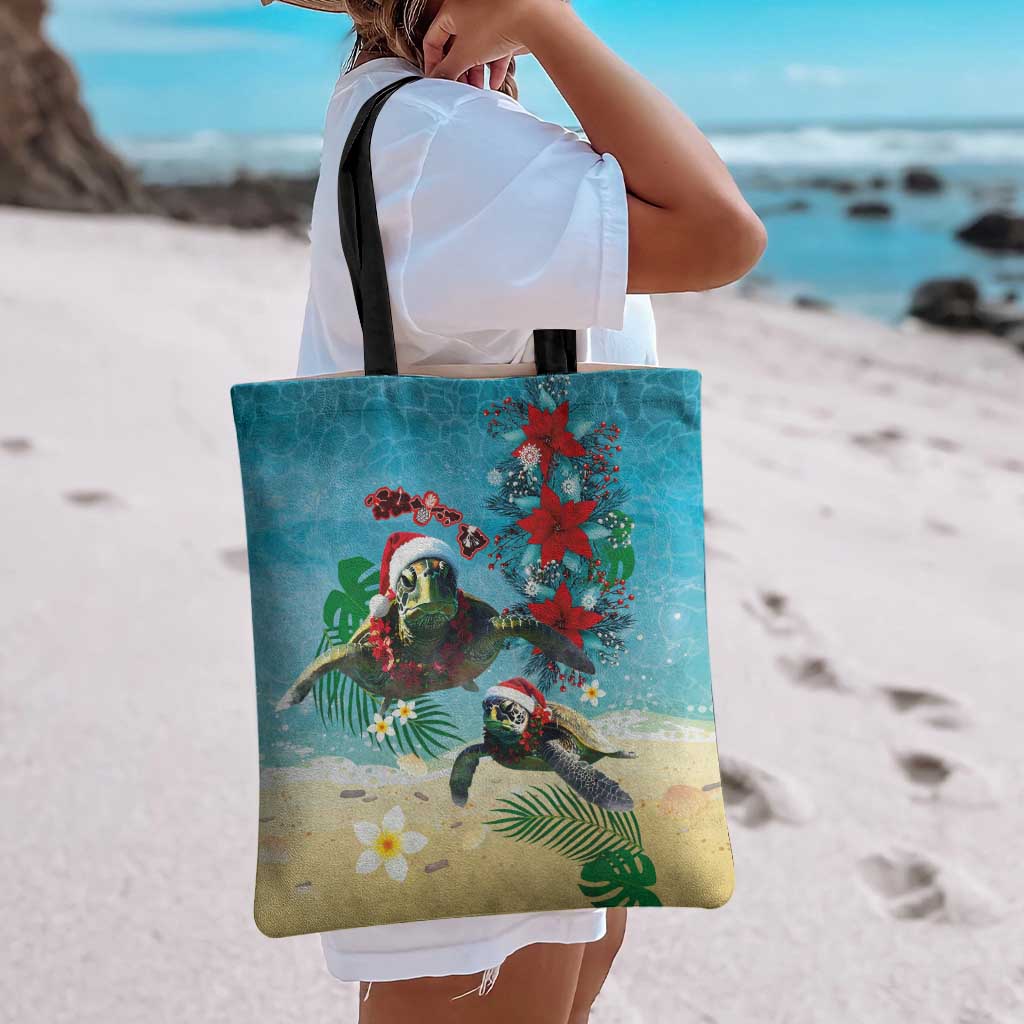 Hawaiian Mele Kalikimaka Tote Bag Tropical Xmas Turtles Red Poinsettia Watercolor LT03 - Polynesian Pride