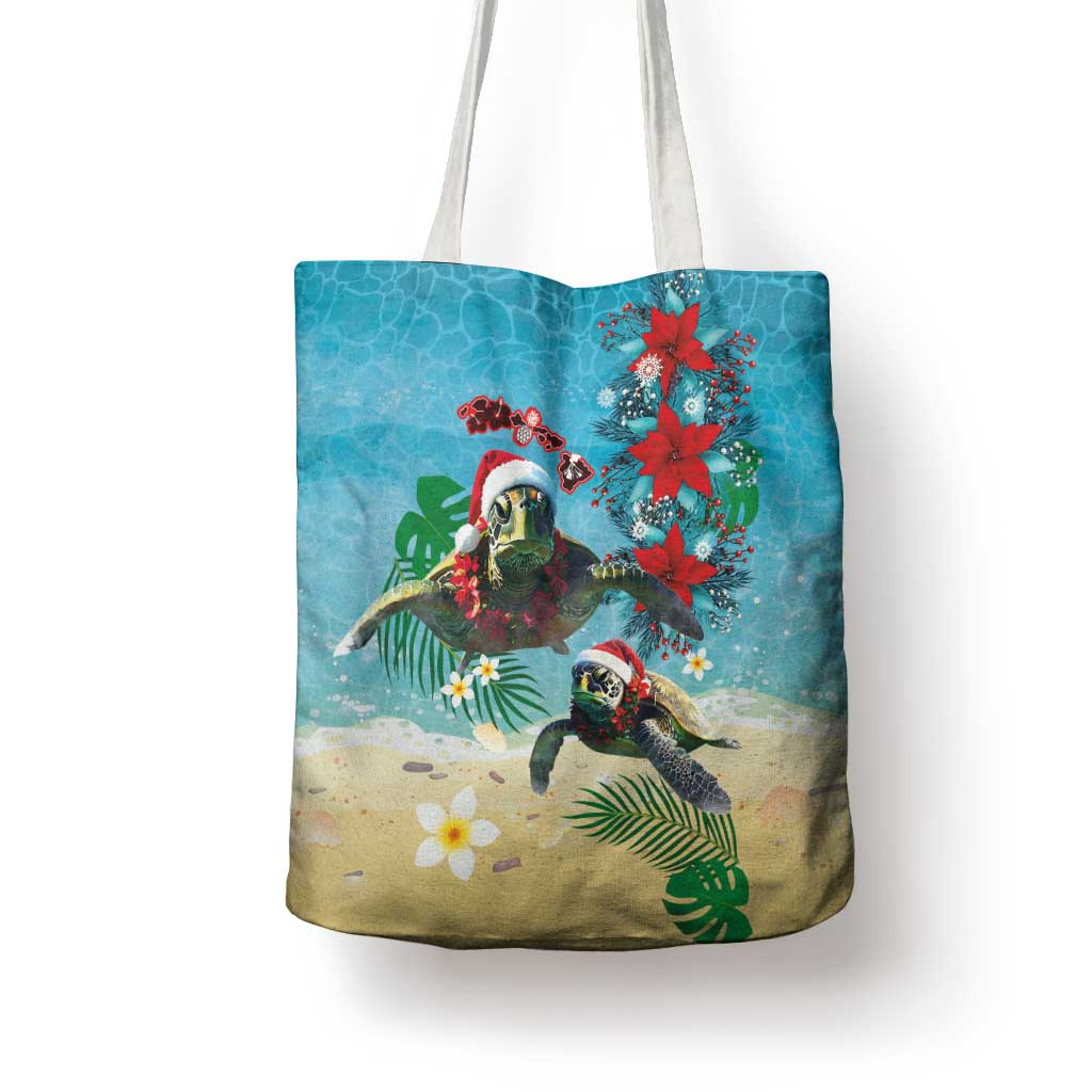 Hawaiian Mele Kalikimaka Tote Bag Tropical Xmas Turtles Red Poinsettia Watercolor LT03 - Polynesian Pride