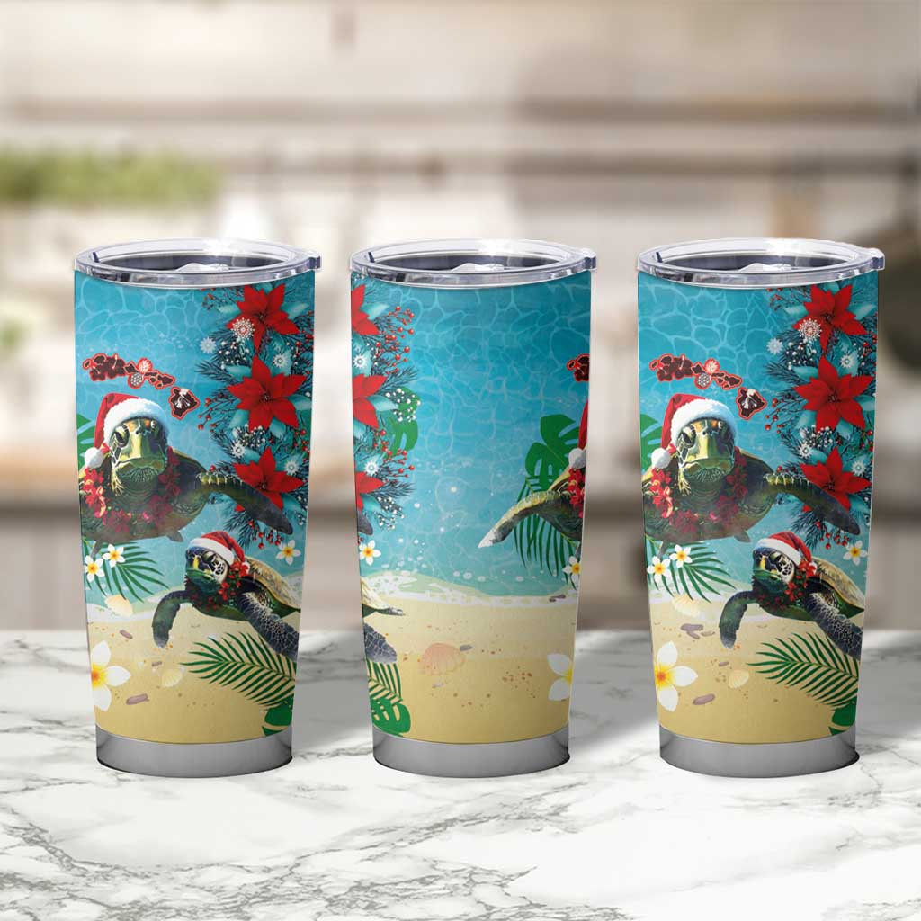 Hawaiian Mele Kalikimaka Tumbler Cup Tropical Xmas Turtles Red Poinsettia Watercolor LT03 - Polynesian Pride