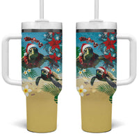 Hawaiian Mele Kalikimaka Tumbler With Handle Tropical Xmas Turtles Red Poinsettia Watercolor LT03 One Size: 40 oz Multicolor - Polynesian Pride