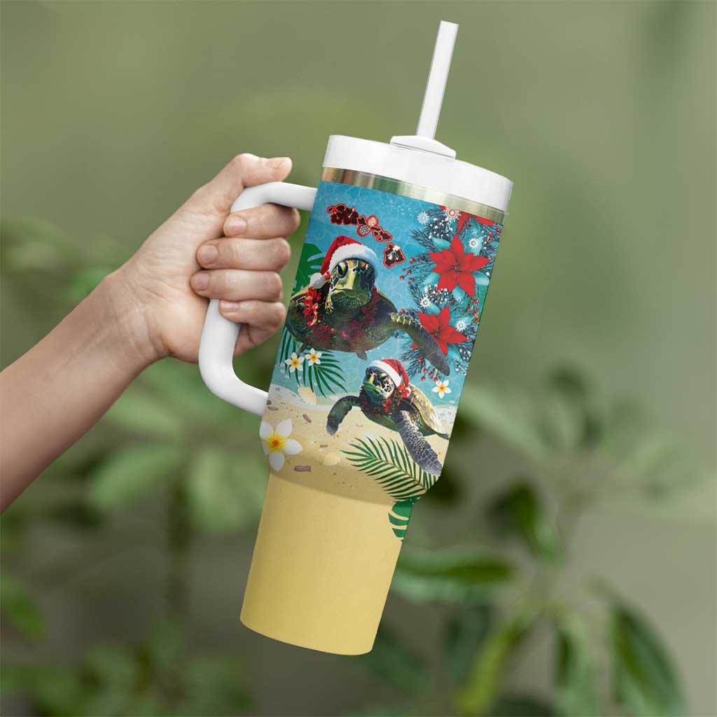 Hawaiian Mele Kalikimaka Tumbler With Handle Tropical Xmas Turtles Red Poinsettia Watercolor LT03 - Polynesian Pride