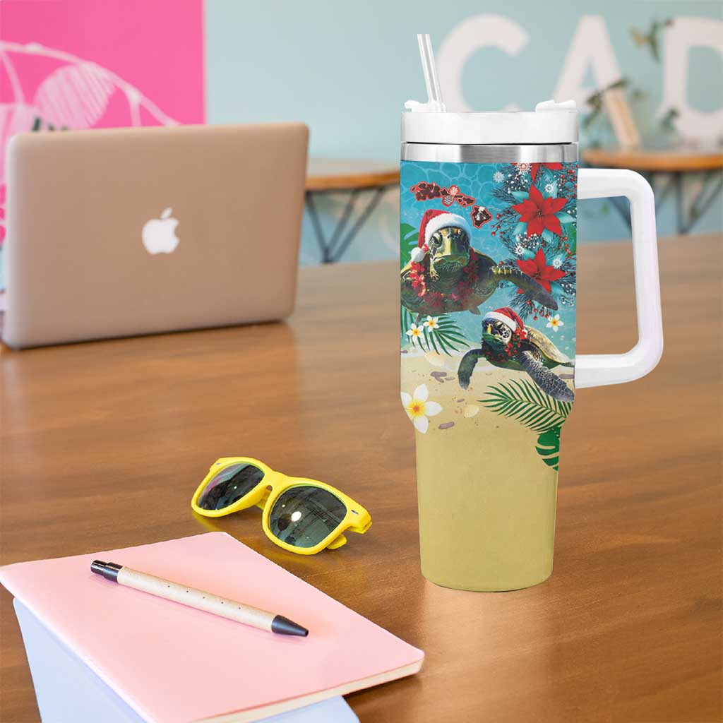 Hawaiian Mele Kalikimaka Tumbler With Handle Tropical Xmas Turtles Red Poinsettia Watercolor LT03 - Polynesian Pride