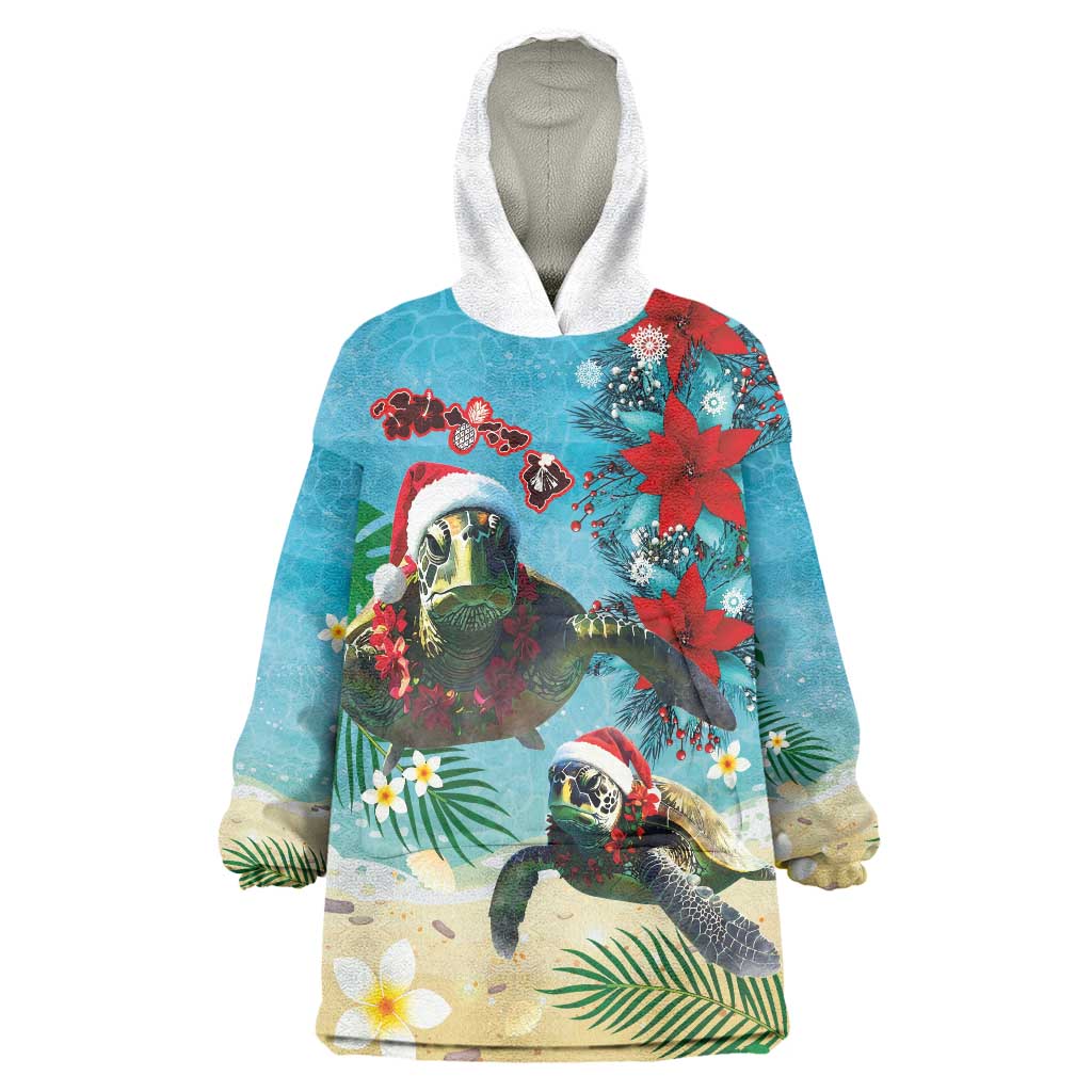Hawaiian Mele Kalikimaka Wearable Blanket Hoodie Tropical Xmas Turtles Red Poinsettia Watercolor LT03 One Size Multicolor - Polynesian Pride