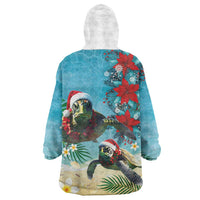Hawaiian Mele Kalikimaka Wearable Blanket Hoodie Tropical Xmas Turtles Red Poinsettia Watercolor LT03 - Polynesian Pride