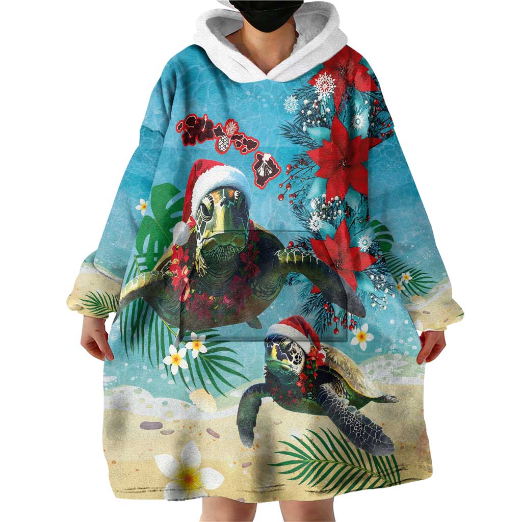 Hawaiian Mele Kalikimaka Wearable Blanket Hoodie Tropical Xmas Turtles Red Poinsettia Watercolor LT03 - Polynesian Pride
