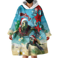 Hawaiian Mele Kalikimaka Wearable Blanket Hoodie Tropical Xmas Turtles Red Poinsettia Watercolor LT03 - Polynesian Pride