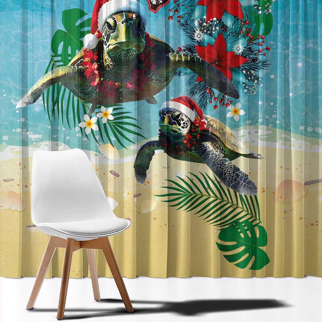 Hawaiian Mele Kalikimaka Window Curtain Tropical Xmas Turtles Red Poinsettia Watercolor LT03 - Polynesian Pride