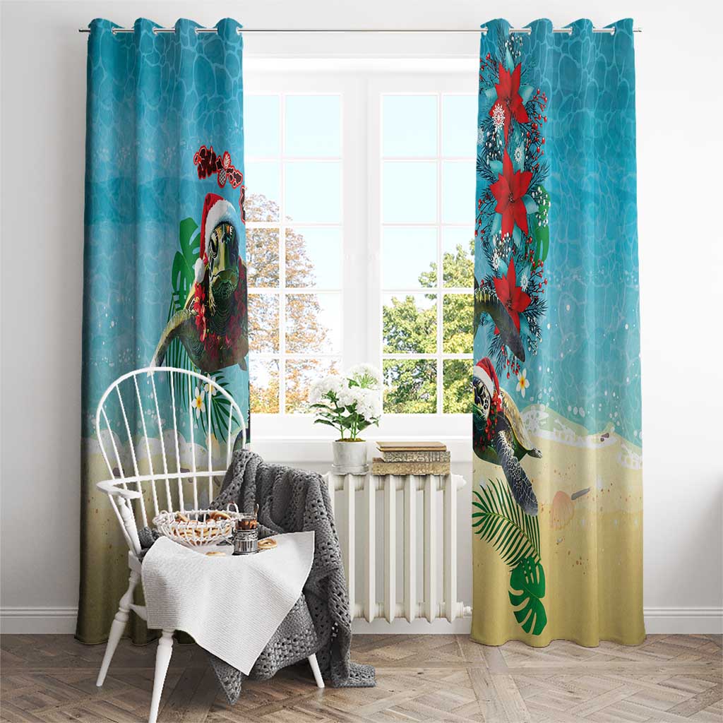 Hawaiian Mele Kalikimaka Window Curtain Tropical Xmas Turtles Red Poinsettia Watercolor LT03 - Polynesian Pride