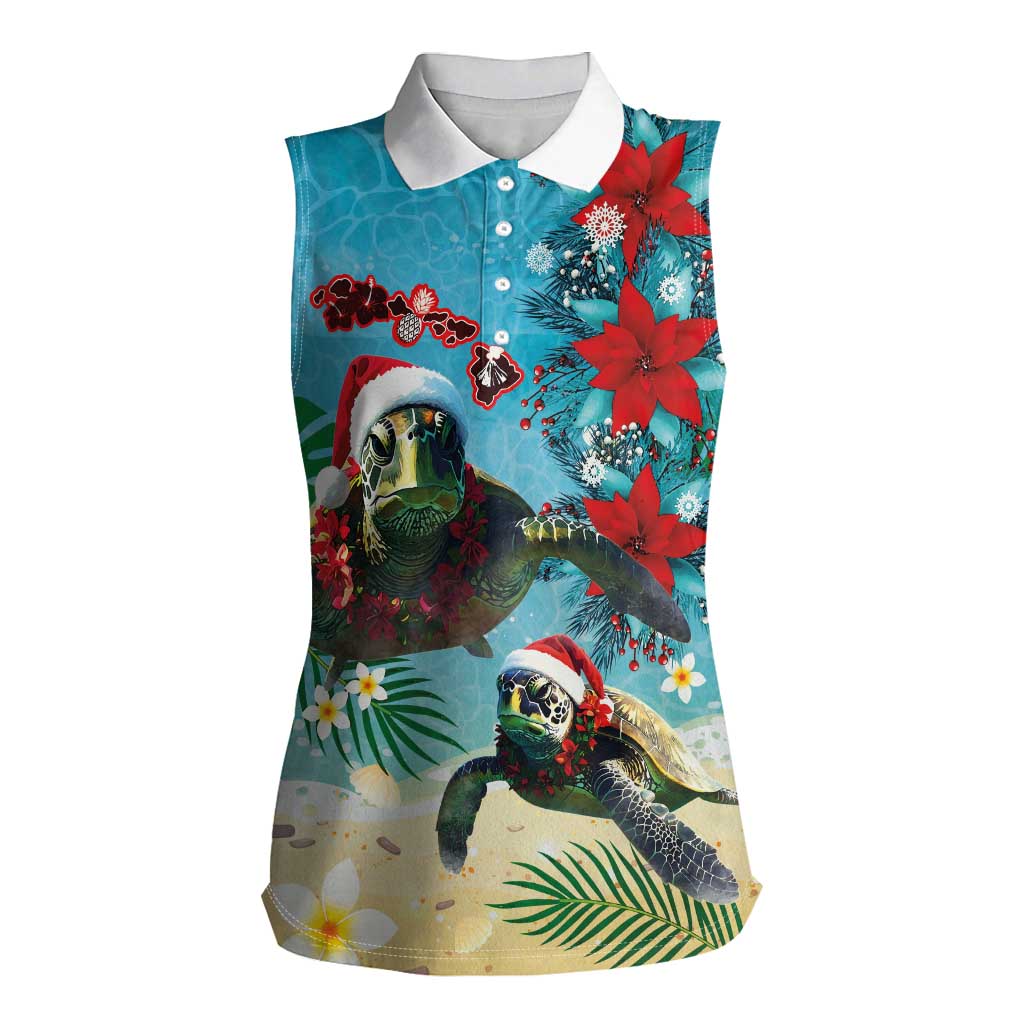 Hawaiian Mele Kalikimaka Women Sleeveless Polo Shirt Tropical Xmas Turtles Red Poinsettia Watercolor LT03 Female Multicolor - Polynesian Pride