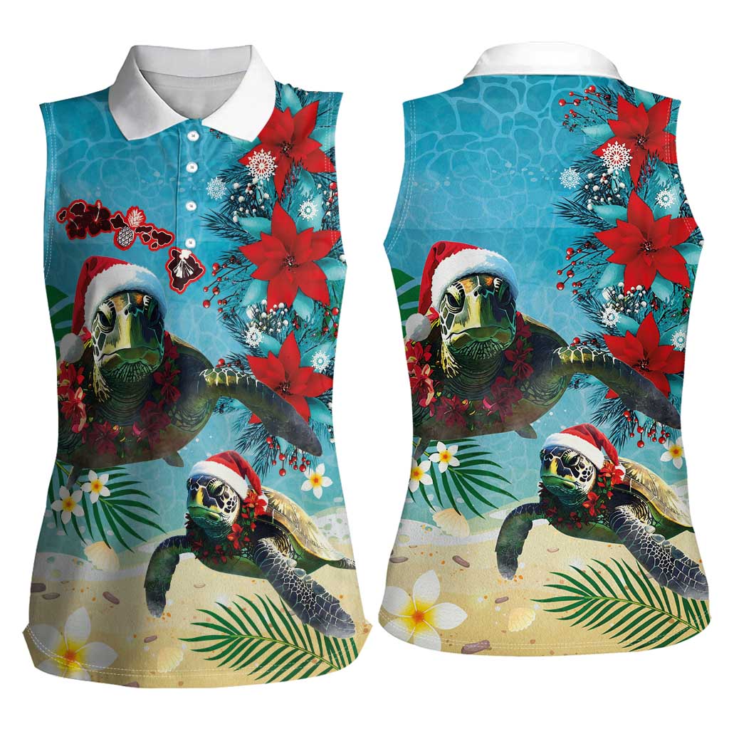 Hawaiian Mele Kalikimaka Women Sleeveless Polo Shirt Tropical Xmas Turtles Red Poinsettia Watercolor LT03 - Polynesian Pride