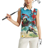 Hawaiian Mele Kalikimaka Women Sleeveless Polo Shirt Tropical Xmas Turtles Red Poinsettia Watercolor LT03 - Polynesian Pride