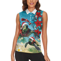 Hawaiian Mele Kalikimaka Women Sleeveless Polo Shirt Tropical Xmas Turtles Red Poinsettia Watercolor LT03 - Polynesian Pride