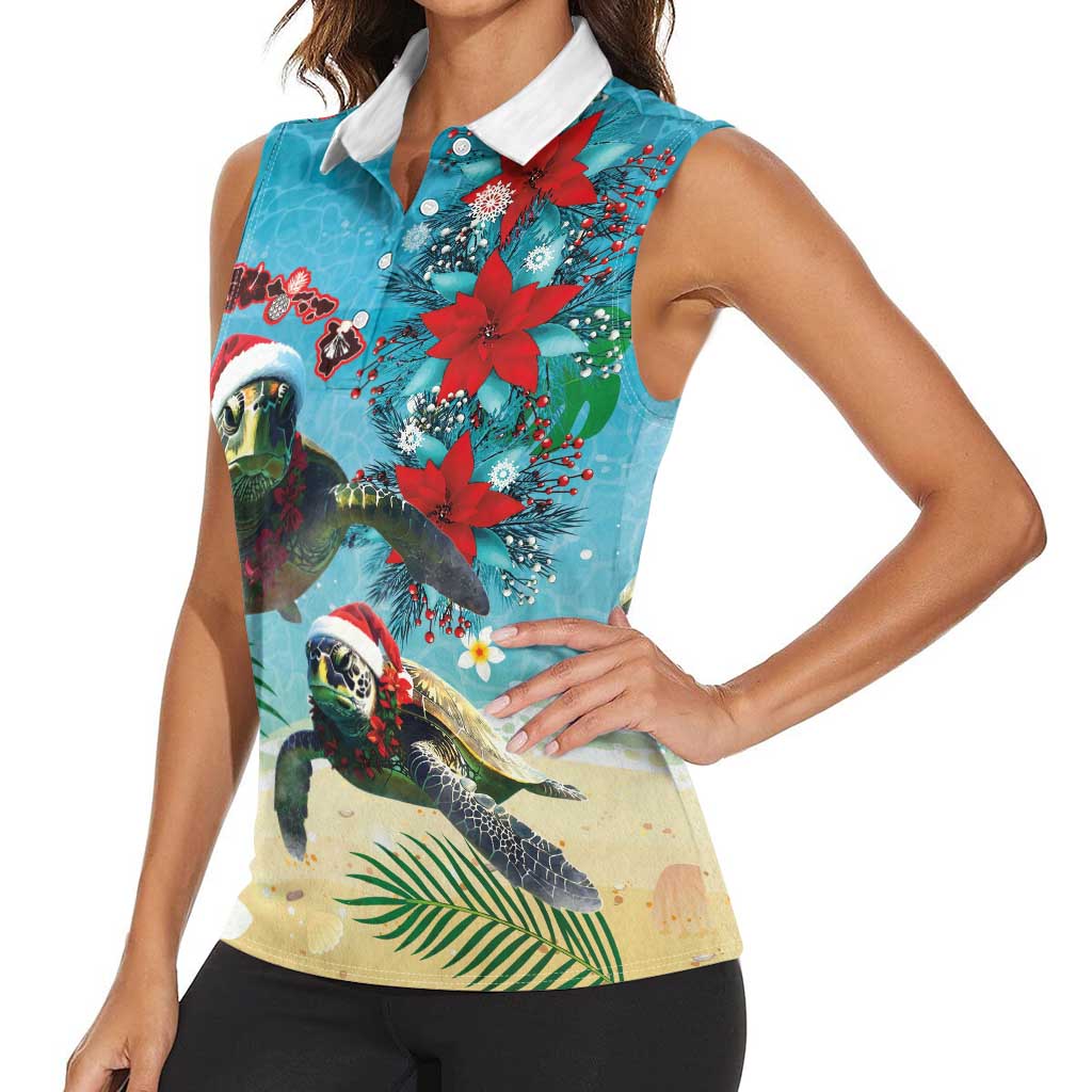 Hawaiian Mele Kalikimaka Women Sleeveless Polo Shirt Tropical Xmas Turtles Red Poinsettia Watercolor LT03 - Polynesian Pride