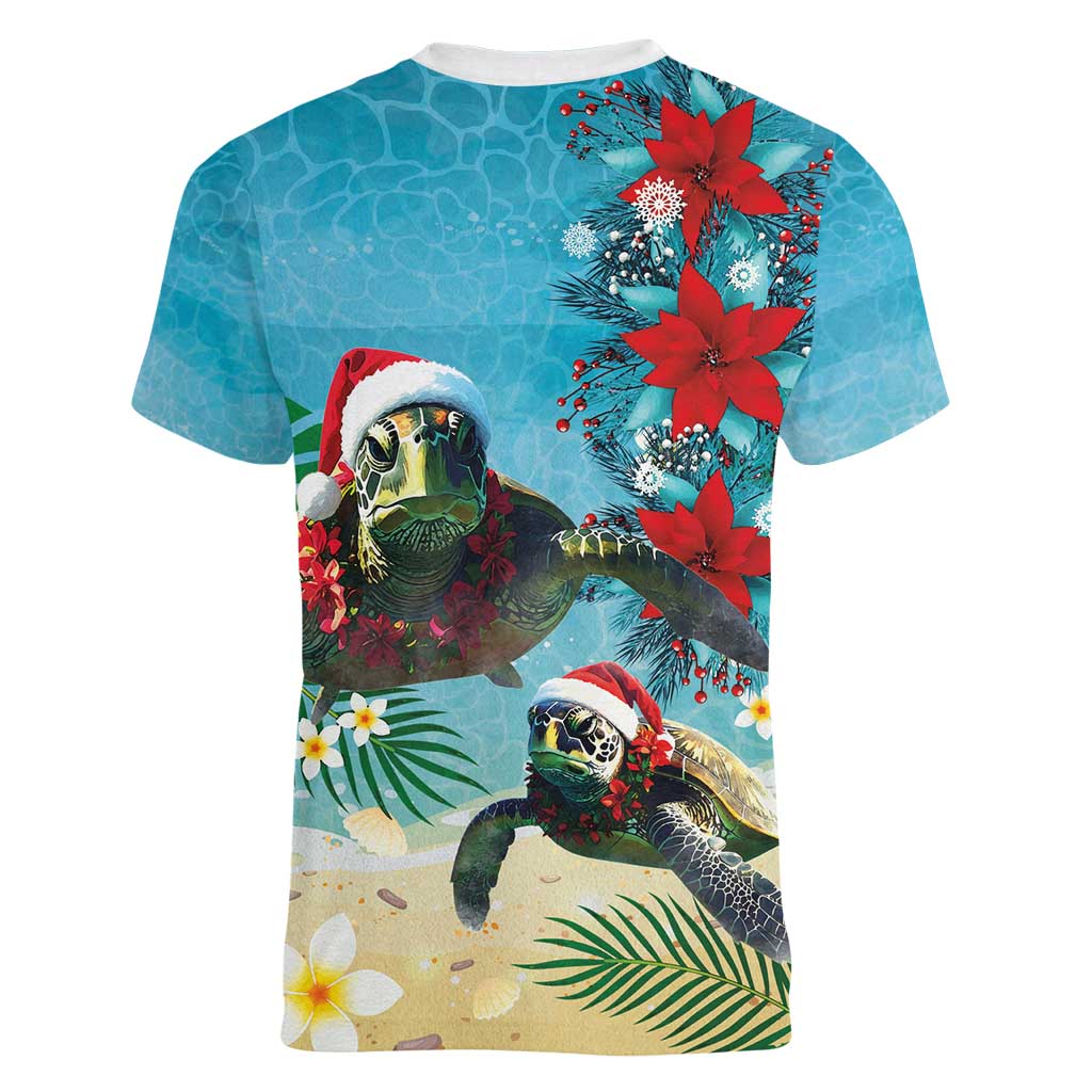 Hawaiian Mele Kalikimaka Women V-Neck T-Shirt Tropical Xmas Turtles Red Poinsettia Watercolor LT03 - Polynesian Pride