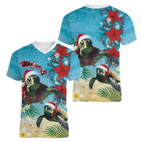 Hawaiian Mele Kalikimaka Women V-Neck T-Shirt Tropical Xmas Turtles Red Poinsettia Watercolor LT03 - Polynesian Pride