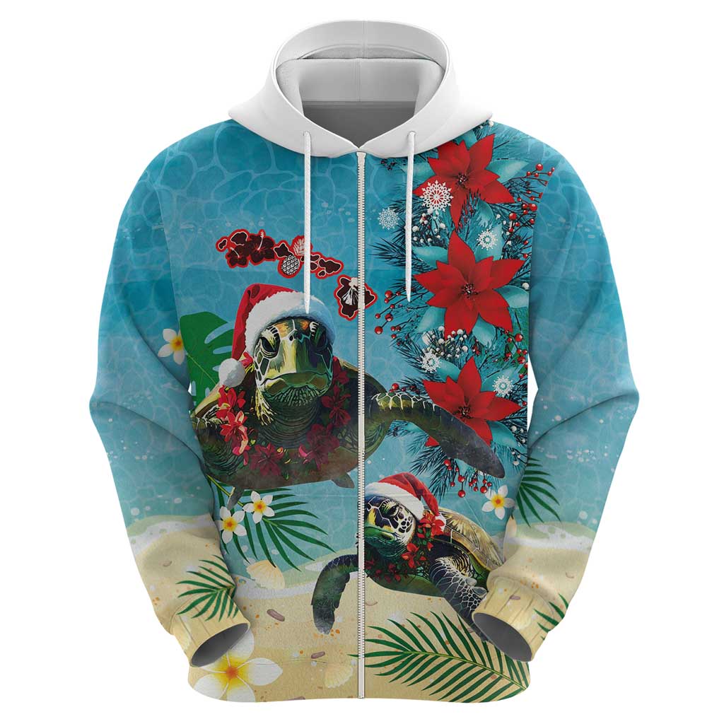 Hawaiian Mele Kalikimaka Zip Hoodie Tropical Xmas Turtles Red Poinsettia Watercolor LT03 - Polynesian Pride