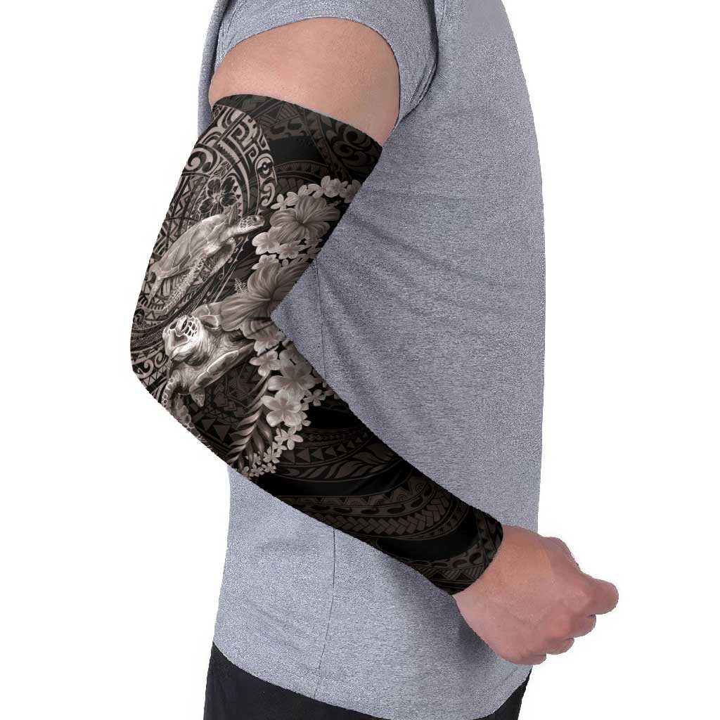 Hawaiian Plumeria and Hibiscus with Turtles Arm Sleeves Polynesian Art Grayscale - Polynesian Pride