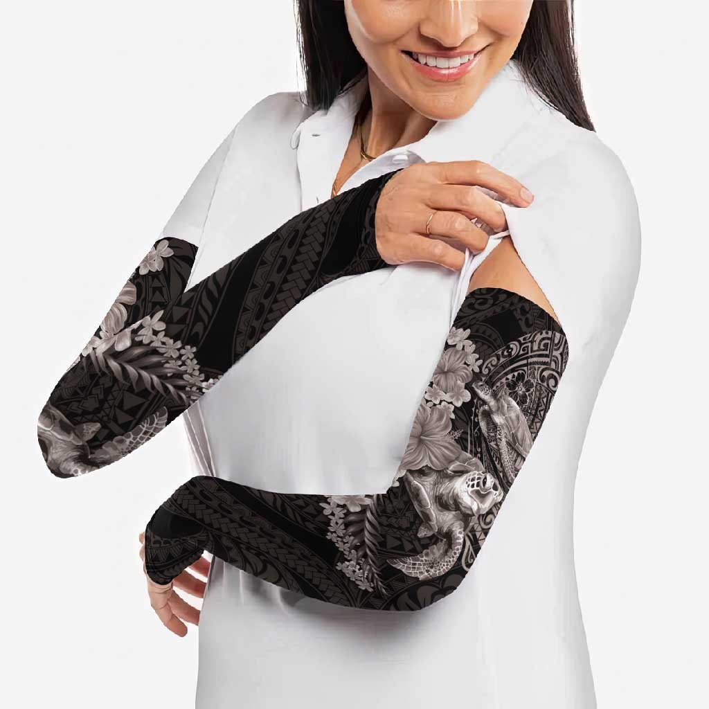 Hawaiian Plumeria and Hibiscus with Turtles Arm Sleeves Polynesian Art Grayscale - Polynesian Pride