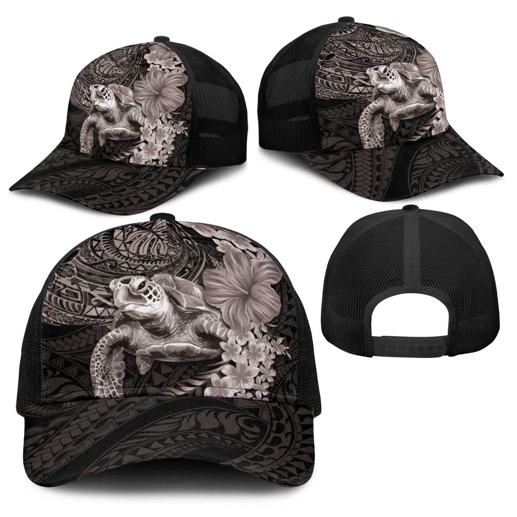 Hawaiian Plumeria and Hibiscus with Turtles Baseball Net Cap Polynesian Art Grayscale - Polynesian Pride