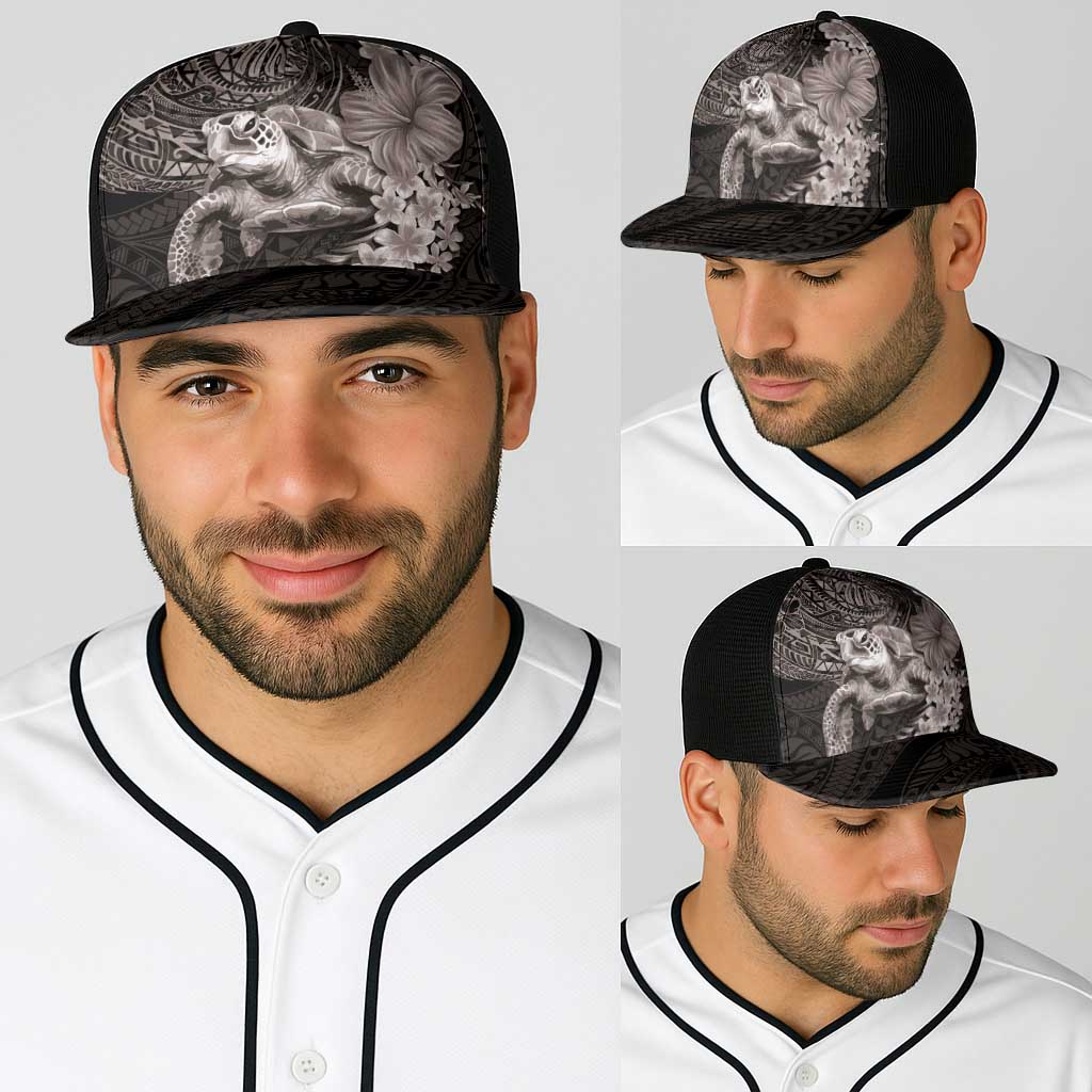 Hawaiian Plumeria and Hibiscus with Turtles Baseball Net Cap Polynesian Art Grayscale - Polynesian Pride