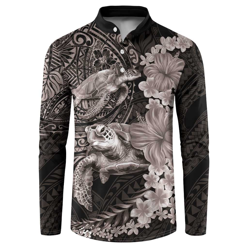 Hawaiian Plumeria and Hibiscus with Turtles Button Sweatshirt Polynesian Art Grayscale LT03 Black - Polynesian Pride
