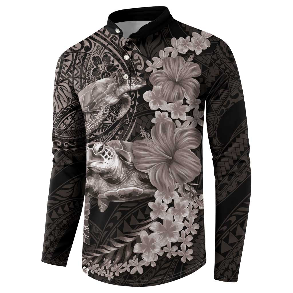 Hawaiian Plumeria and Hibiscus with Turtles Button Sweatshirt Polynesian Art Grayscale LT03 - Polynesian Pride
