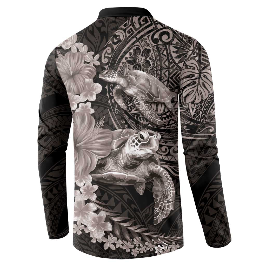 Hawaiian Plumeria and Hibiscus with Turtles Button Sweatshirt Polynesian Art Grayscale LT03 - Polynesian Pride