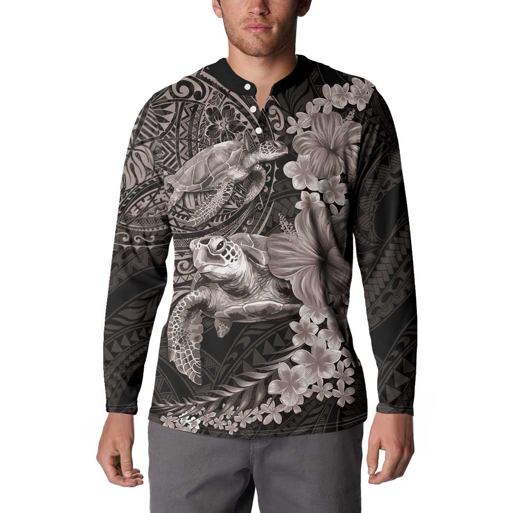 Hawaiian Plumeria and Hibiscus with Turtles Button Sweatshirt Polynesian Art Grayscale LT03 - Polynesian Pride