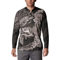 Hawaiian Plumeria and Hibiscus with Turtles Button Sweatshirt Polynesian Art Grayscale LT03 - Polynesian Pride