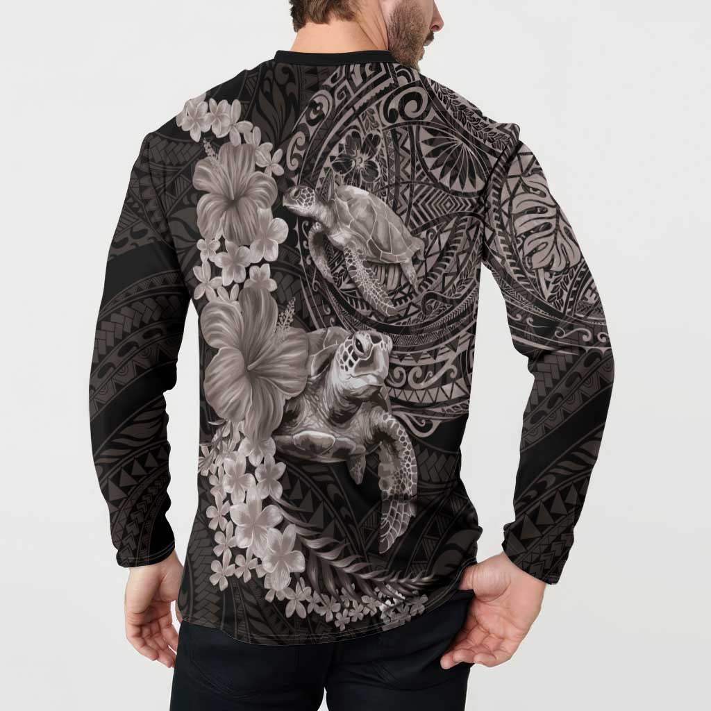 Hawaiian Plumeria and Hibiscus with Turtles Button Sweatshirt Polynesian Art Grayscale LT03 - Polynesian Pride