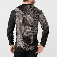 Hawaiian Plumeria and Hibiscus with Turtles Button Sweatshirt Polynesian Art Grayscale LT03 - Polynesian Pride