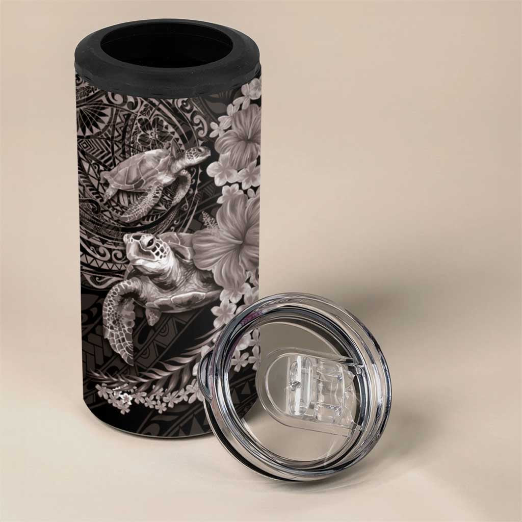 Hawaiian Plumeria and Hibiscus with Turtles 4 in 1 Can Cooler Tumbler Polynesian Art Grayscale LT03 - Polynesian Pride