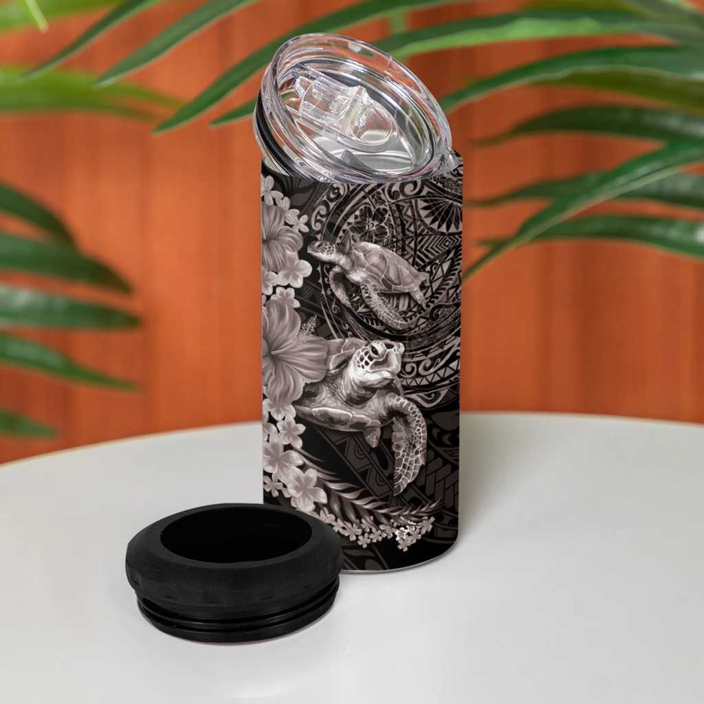 Hawaiian Plumeria and Hibiscus with Turtles 4 in 1 Can Cooler Tumbler Polynesian Art Grayscale LT03 - Polynesian Pride