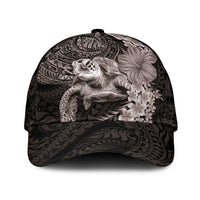 Hawaiian Plumeria and Hibiscus with Turtles Classic Cap Polynesian Art Grayscale LT03 Universal Fit Black - Polynesian Pride