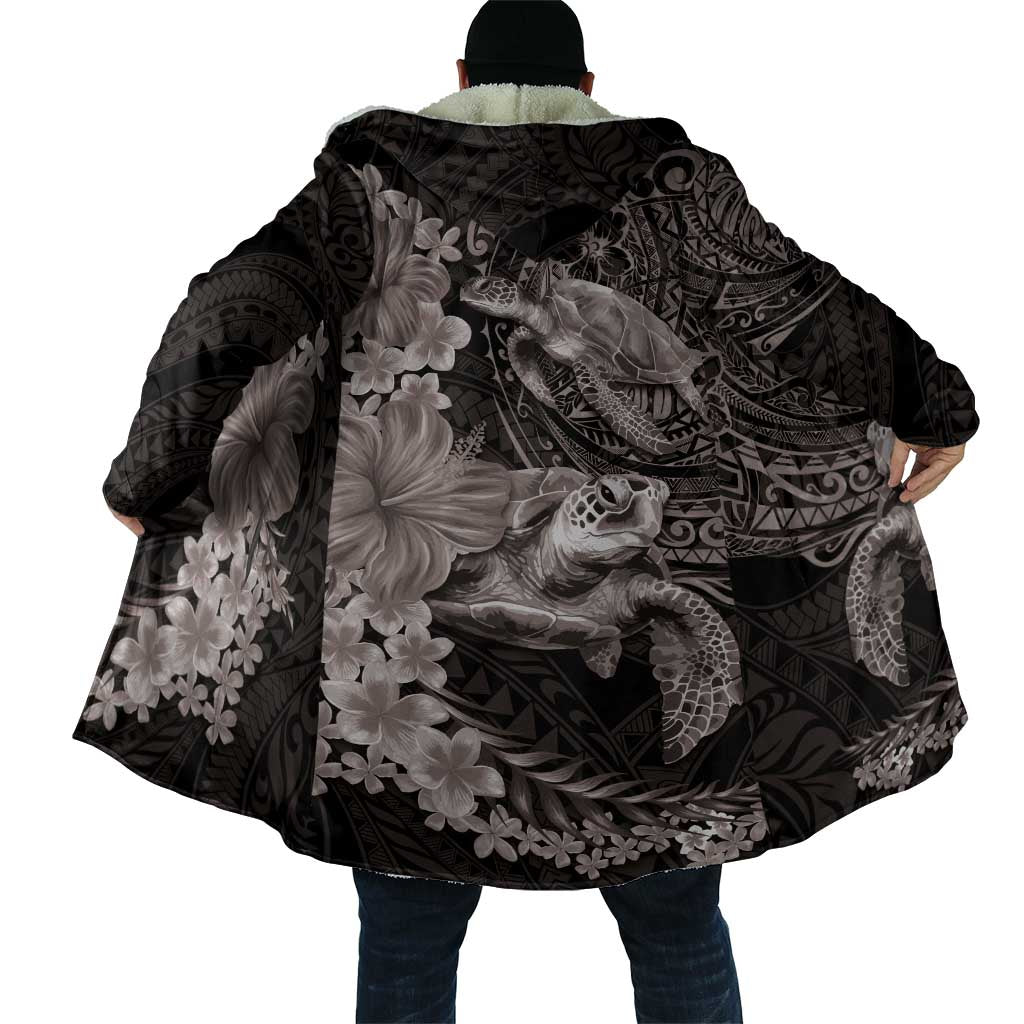 Hawaiian Plumeria and Hibiscus with Turtles Cloak Polynesian Art Grayscale - Polynesian Pride