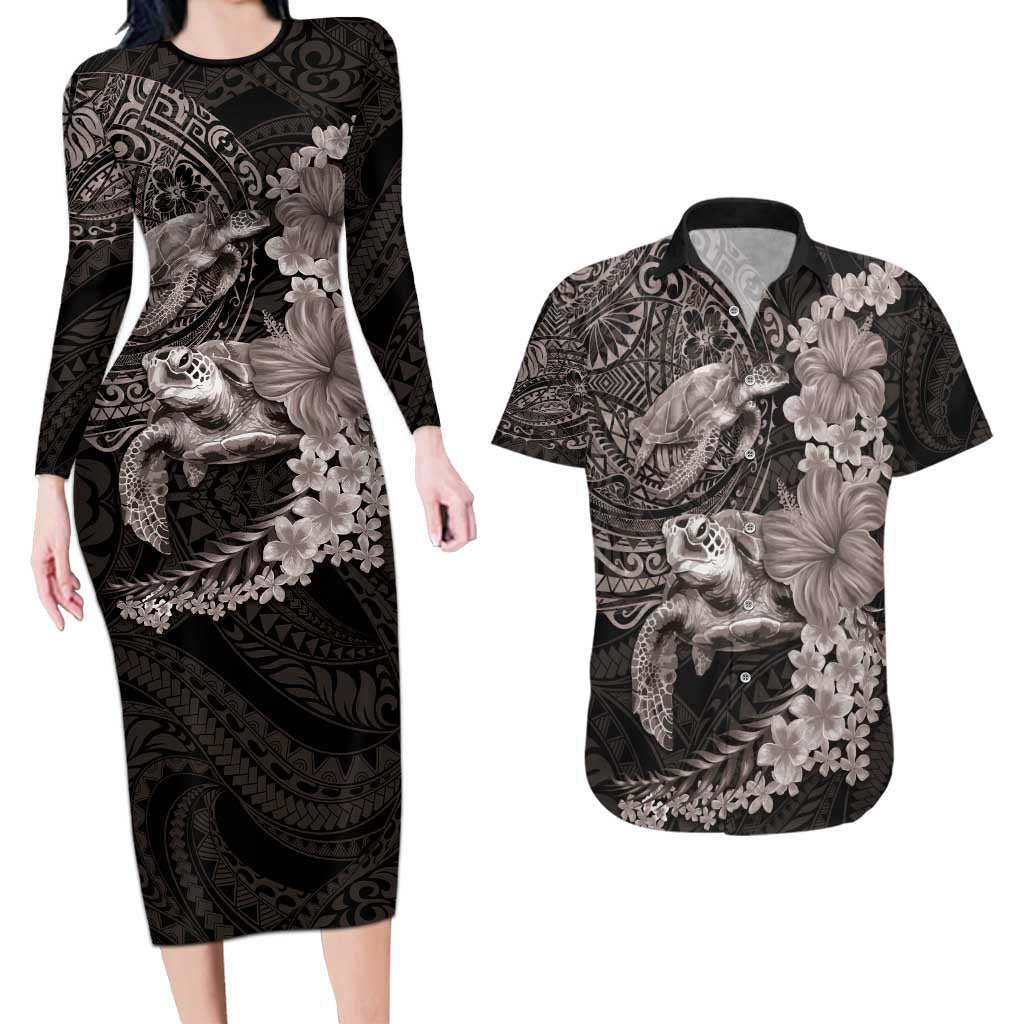 Hawaiian Plumeria and Hibiscus with Turtles Couples Matching Long Sleeve Bodycon Dress and Hawaiian Shirt Polynesian Art Grayscale LT03 Black - Polynesian Pride