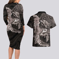Hawaiian Plumeria and Hibiscus with Turtles Couples Matching Long Sleeve Bodycon Dress and Hawaiian Shirt Polynesian Art Grayscale LT03 - Polynesian Pride