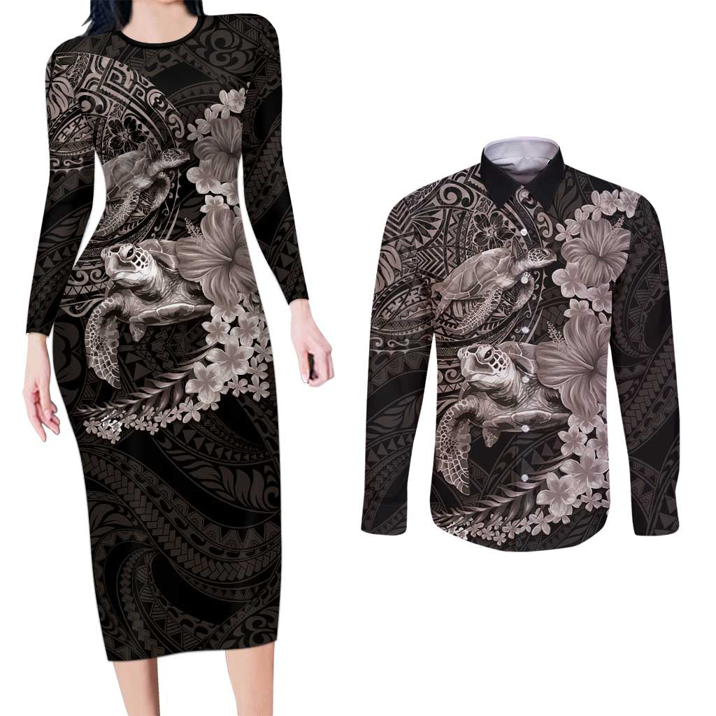 Hawaiian Plumeria and Hibiscus with Turtles Couples Matching Long Sleeve Bodycon Dress and Long Sleeve Button Shirt Polynesian Art Grayscale LT03 Black - Polynesian Pride