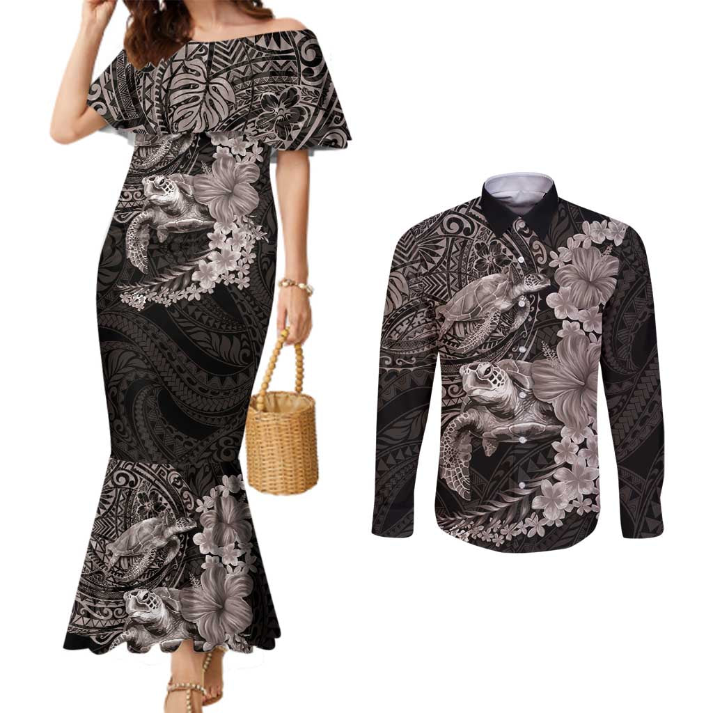 Hawaiian Plumeria and Hibiscus with Turtles Couples Matching Mermaid Dress and Long Sleeve Button Shirt Polynesian Art Grayscale LT03 Black - Polynesian Pride