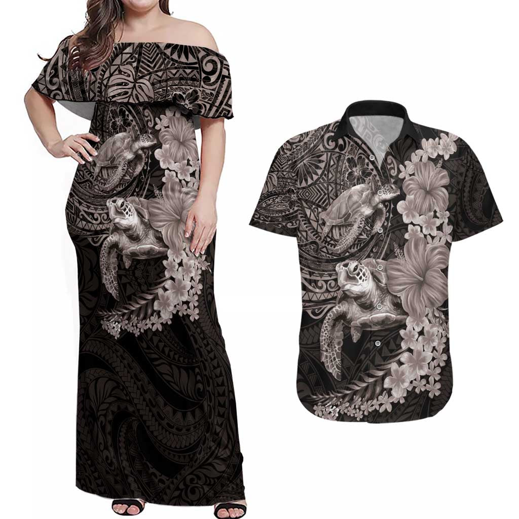 Hawaiian Plumeria and Hibiscus with Turtles Couples Matching Off Shoulder Maxi Dress and Hawaiian Shirt Polynesian Art Grayscale LT03 Black - Polynesian Pride