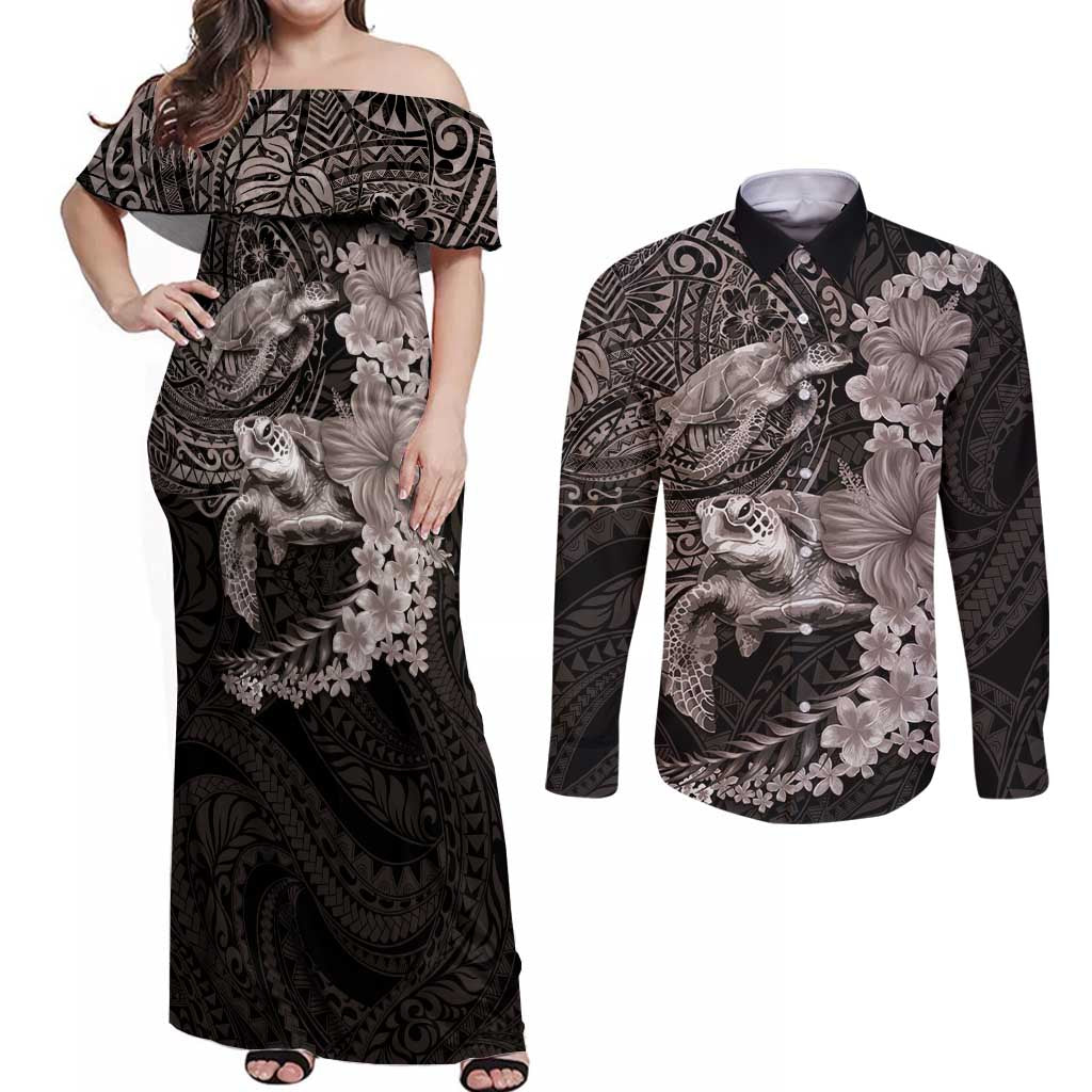 Hawaiian Plumeria and Hibiscus with Turtles Couples Matching Off Shoulder Maxi Dress and Long Sleeve Button Shirt Polynesian Art Grayscale LT03 Black - Polynesian Pride